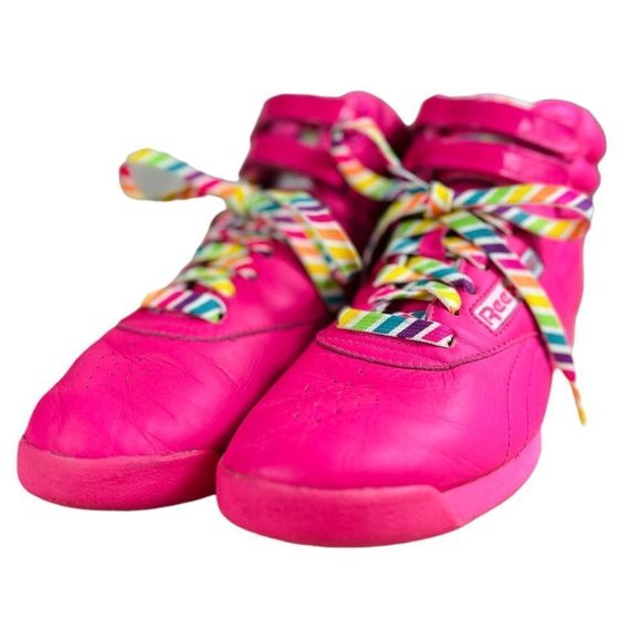 REEBOK CLASSICS 25th ANNIVERSARY Freestyle Hi Pink Rainbow Swirl Lace Sneakers - Picture 2 of 9